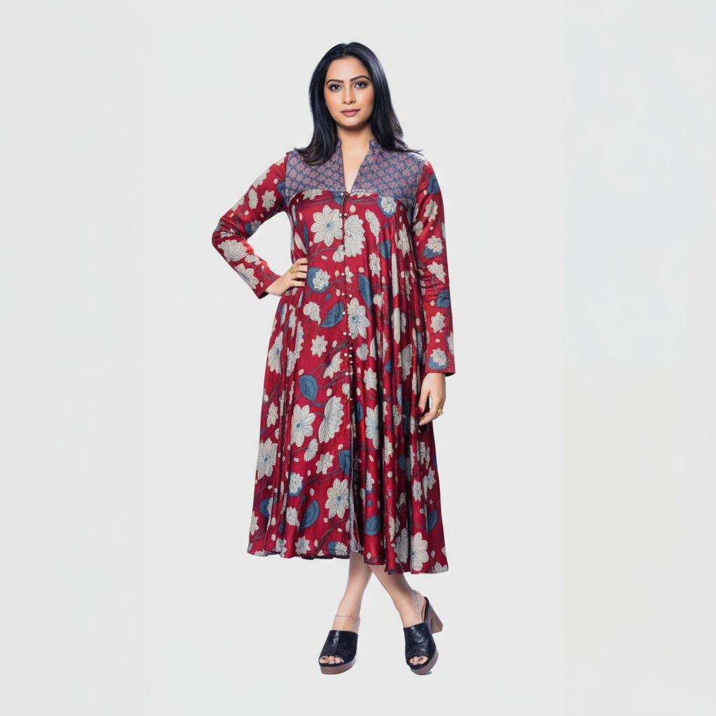 Natasha Mehta Fusion Fashion Ajrakh Dress in Red Cotton with floral patterns using woodcut block printing