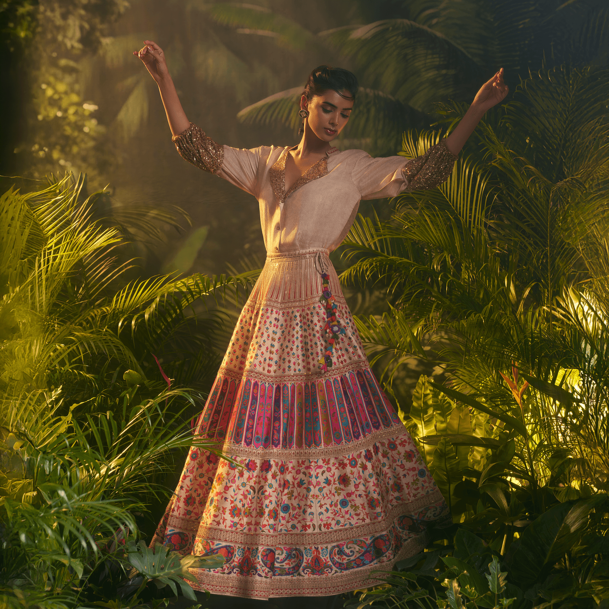 Natasha Mehta designer bridal lehenga Dubai in ivory silk with intricate embroidery and colorful embellishments