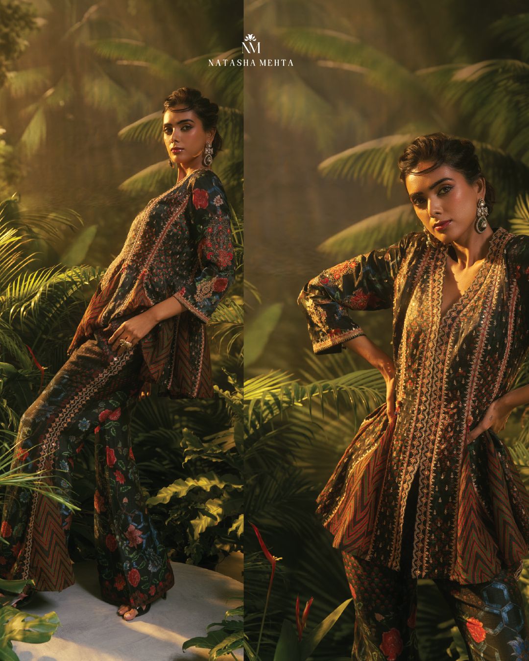 Natasha Mehta silk tunic and pants in rich brown with floral embroidery and intricate patterns, perfect for Dubai UAE events