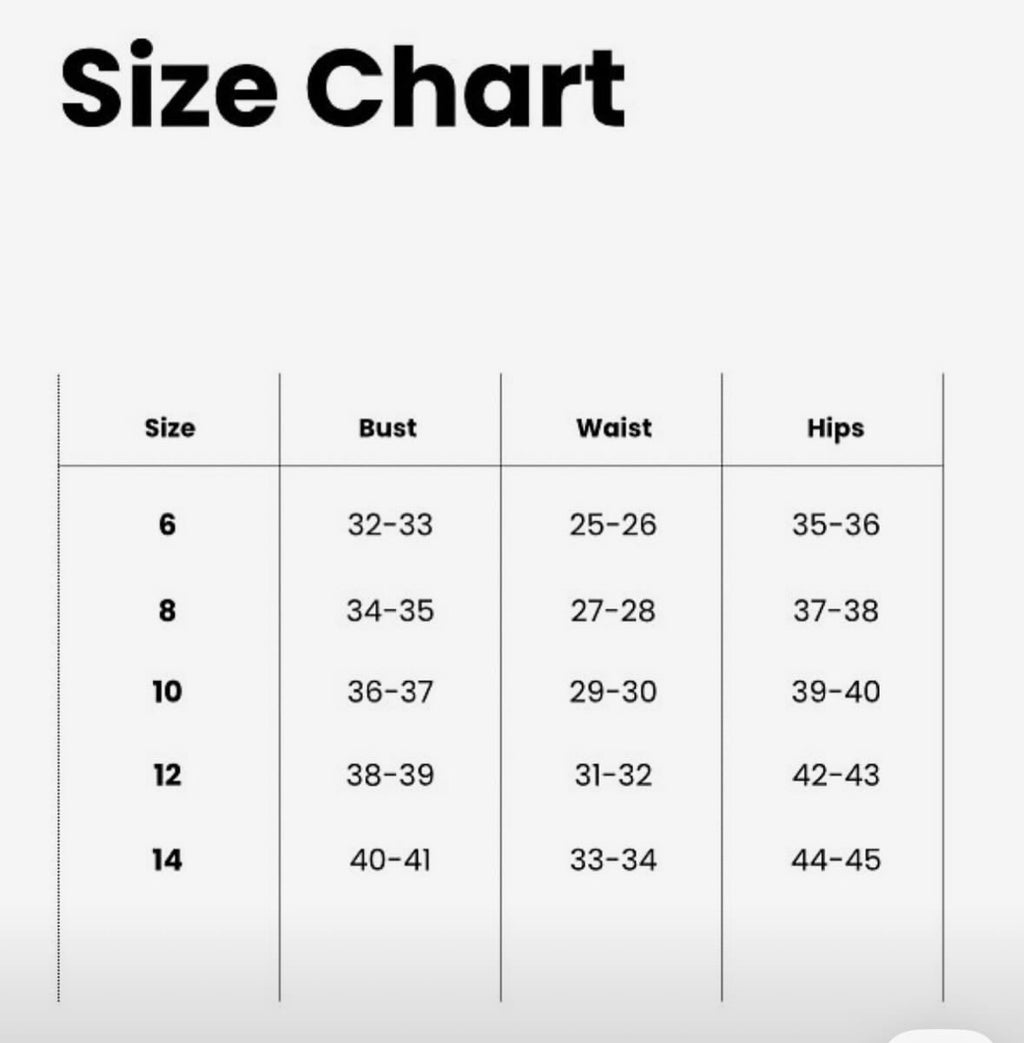 A size chart table with columns labeled Size, Bust, Waist, and Hips, showing measurements for sizes 6, 8, 10, 12, and 14 on a light gray background.