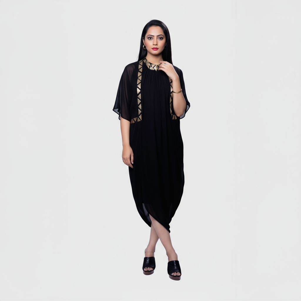 Elegant Black Cocktail Dress with Gold Embroidery and Jacket