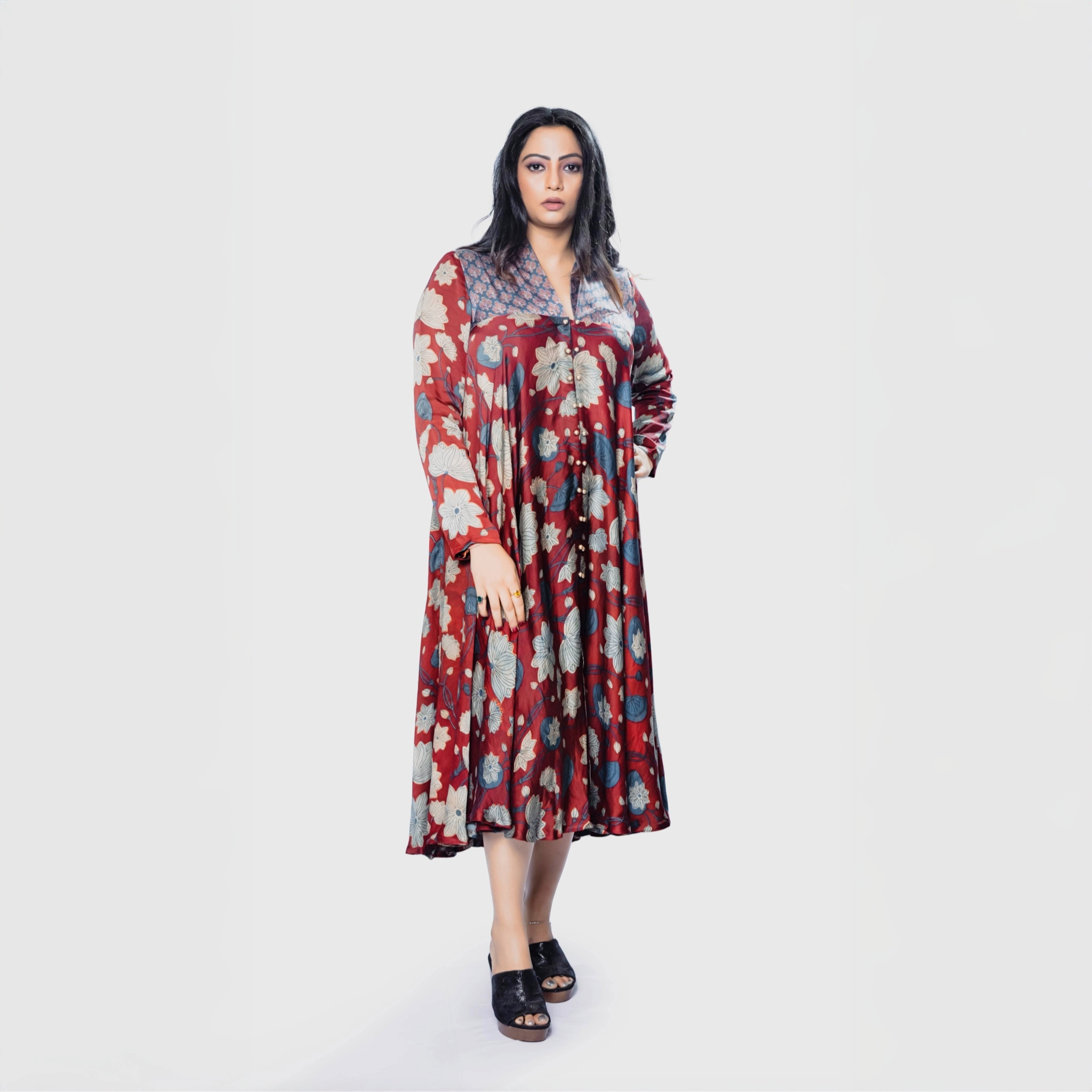 Ajrakh handcrafted midi dress Dubai with floral patterns worn by model from My Store