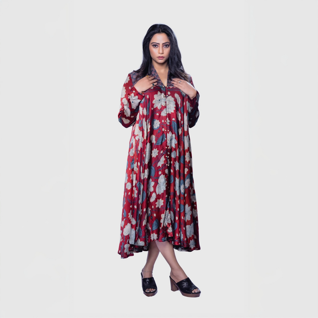 Ajrakh handcrafted midi dress Dubai in red with floral print worn by model from My Store