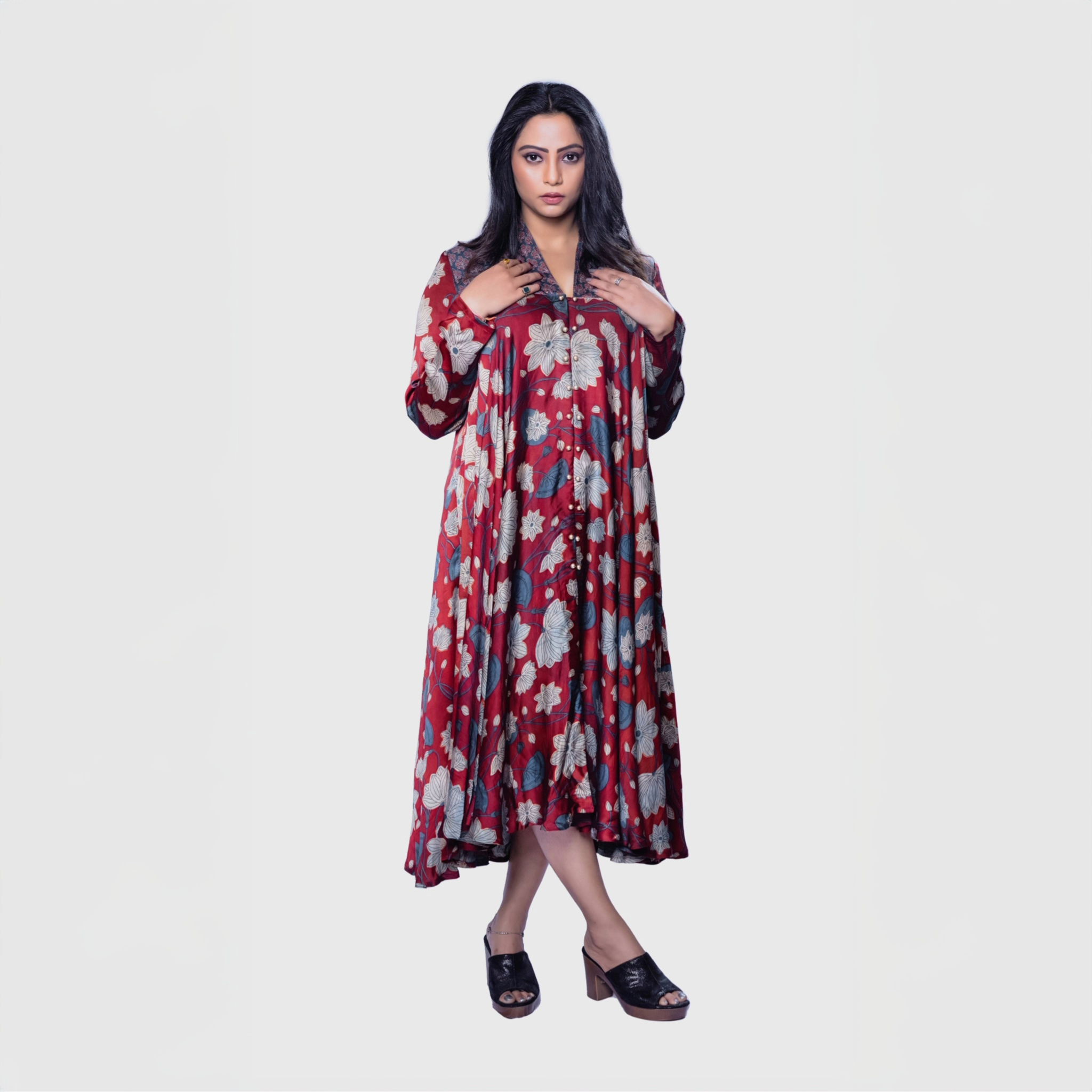 Ajrakh handcrafted midi dress Dubai in red with floral print worn by model from My Store