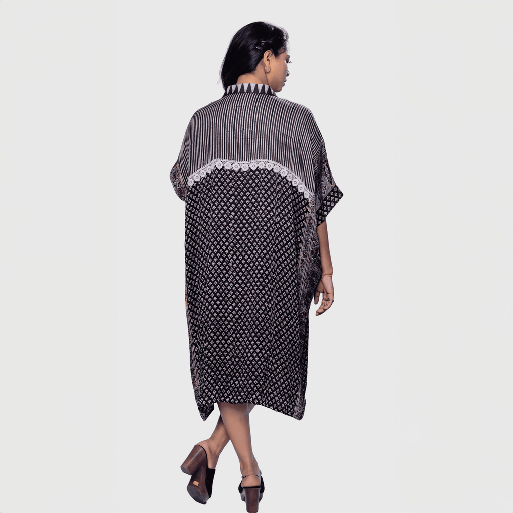 Stylish ajrakh mosaic cape kaftan by Natasha Mehta featuring a flowing design perfect for casual outings