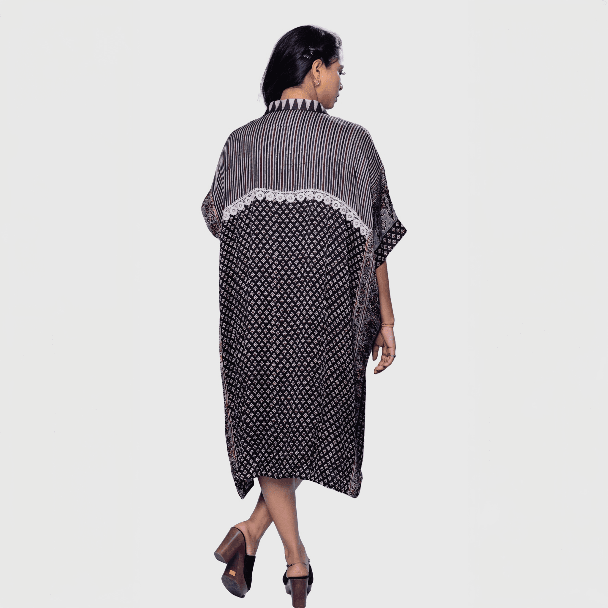Stylish ajrakh mosaic cape kaftan by Natasha Mehta featuring a flowing design perfect for casual outings