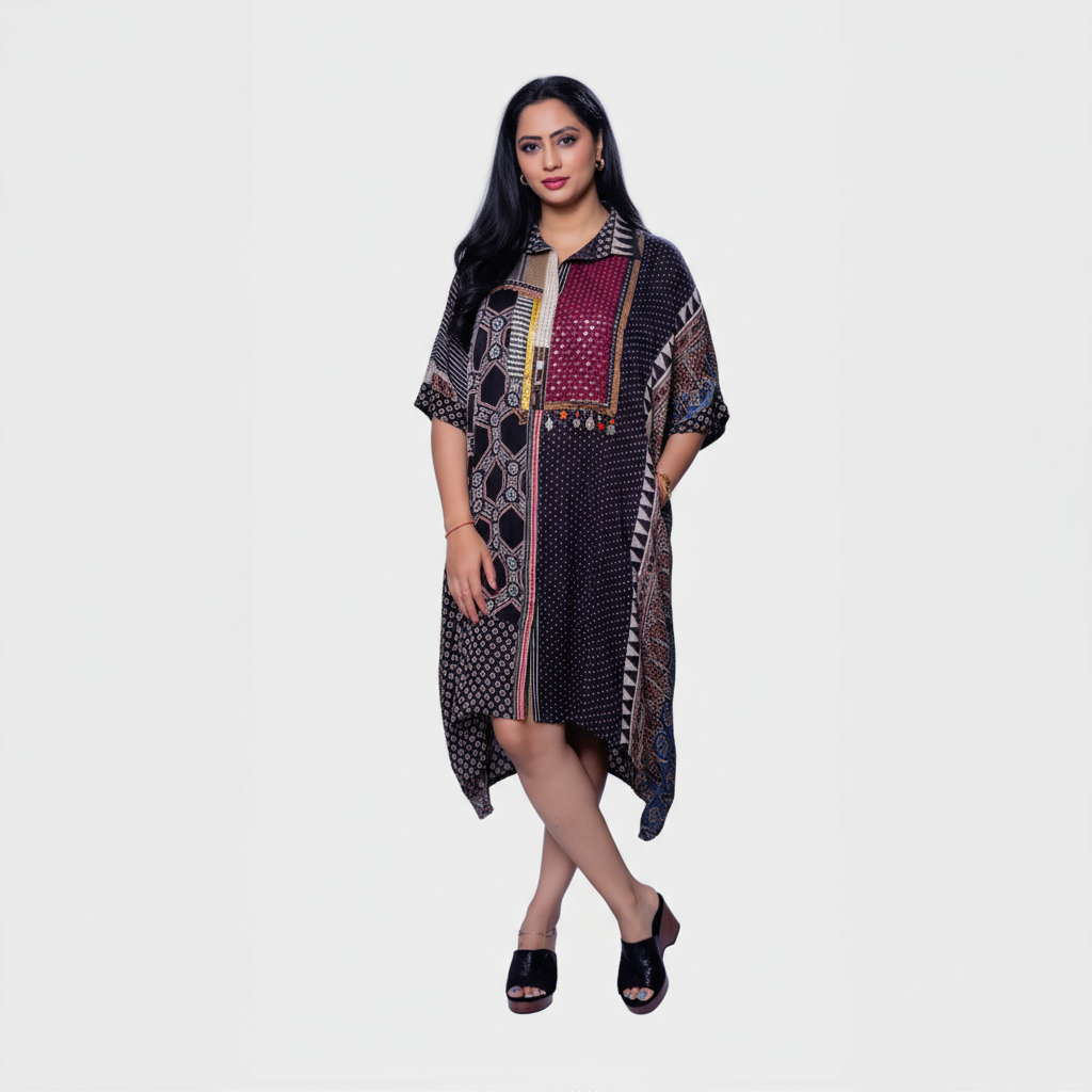 Elegant ajrakh mosaic cape kaftan in rich colors with intricate patterns, perfect for Dubai occasions