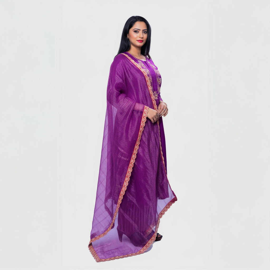 Elegant Amara embroidered kurta set in purple with a flowing dupatta for stylish occasions