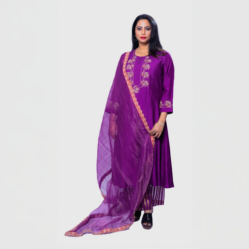Woman wearing purple Amara embroidered kurta set with floral embroidery and matching dupatta