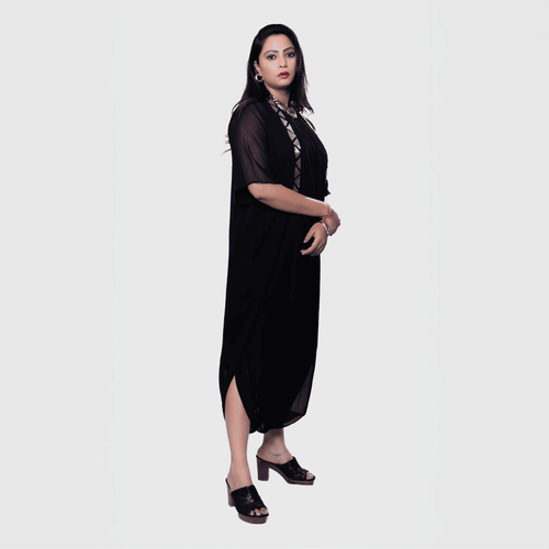 My Store black cocktail dress with gold embroidery and jacket in lightweight fabric with stylish slit