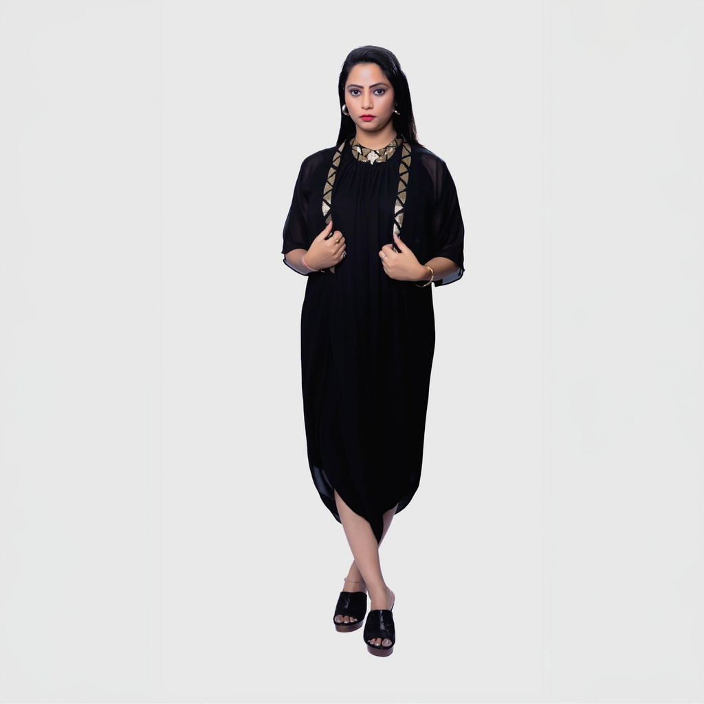Black cocktail dress with gold embroidery and Jacket worn by woman standing against white background