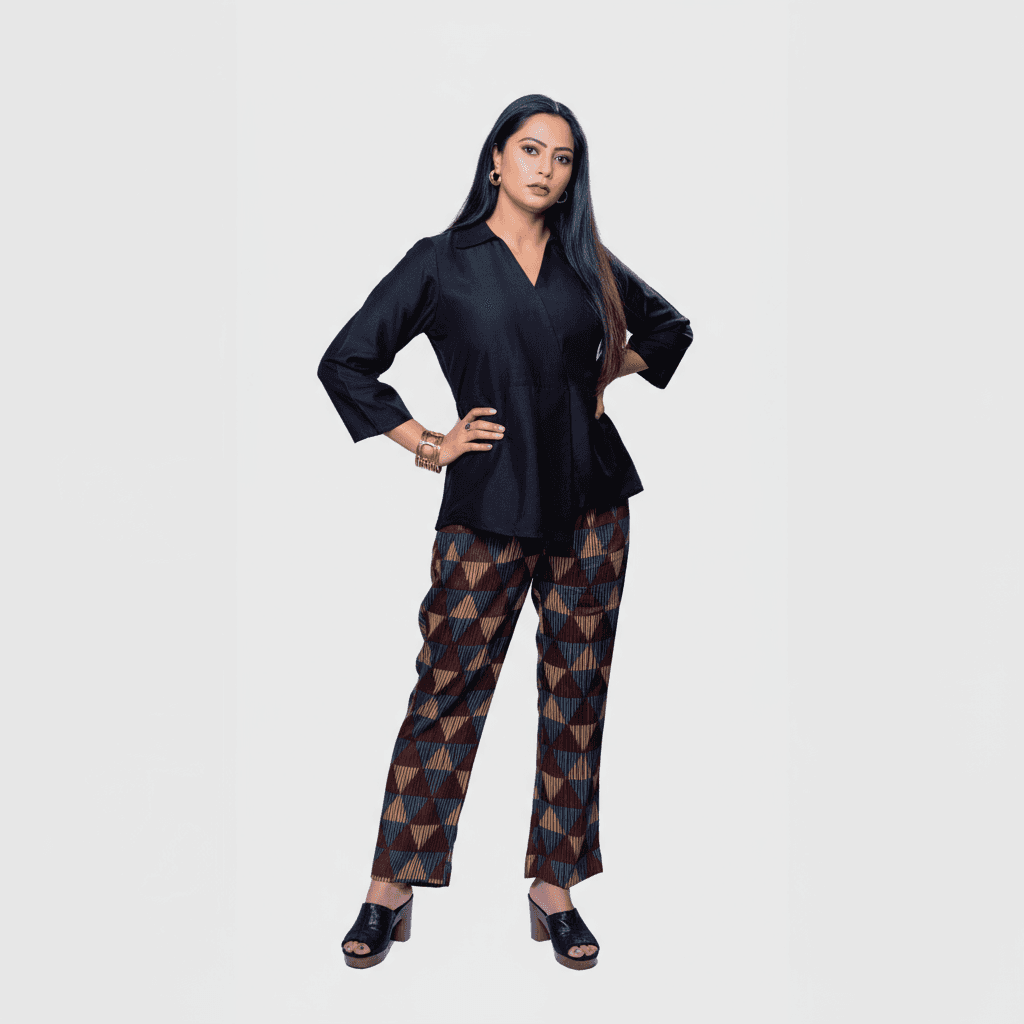 Elegant black collared top and pants set in a stylish geometric pattern, perfect for Dubai occasions