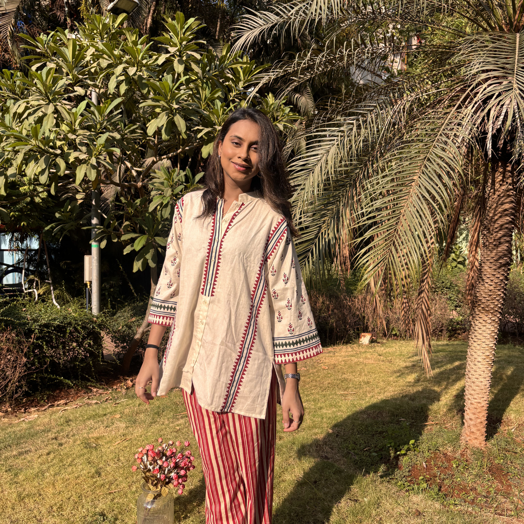 Natasha Mehta Floral Kurta Set in Cream with Red Block Print Prints, perfect for casual Dubai outings