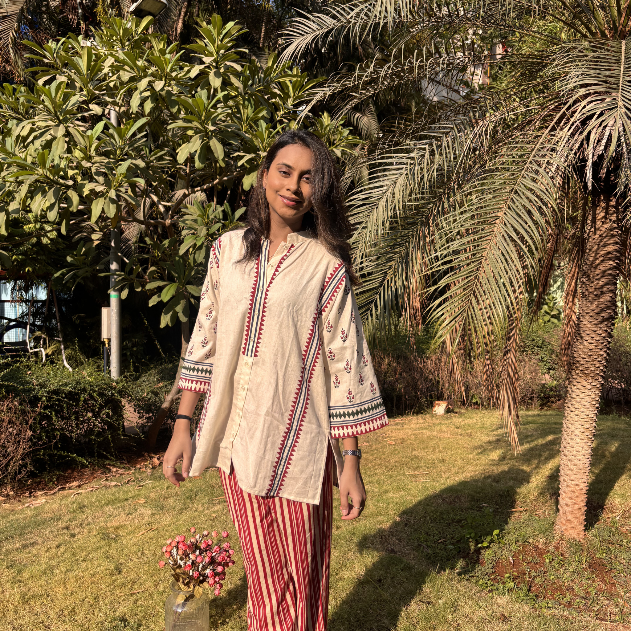 Natasha Mehta Floral Kurta Set in Cream with Red Block Print Prints, perfect for casual Dubai outings