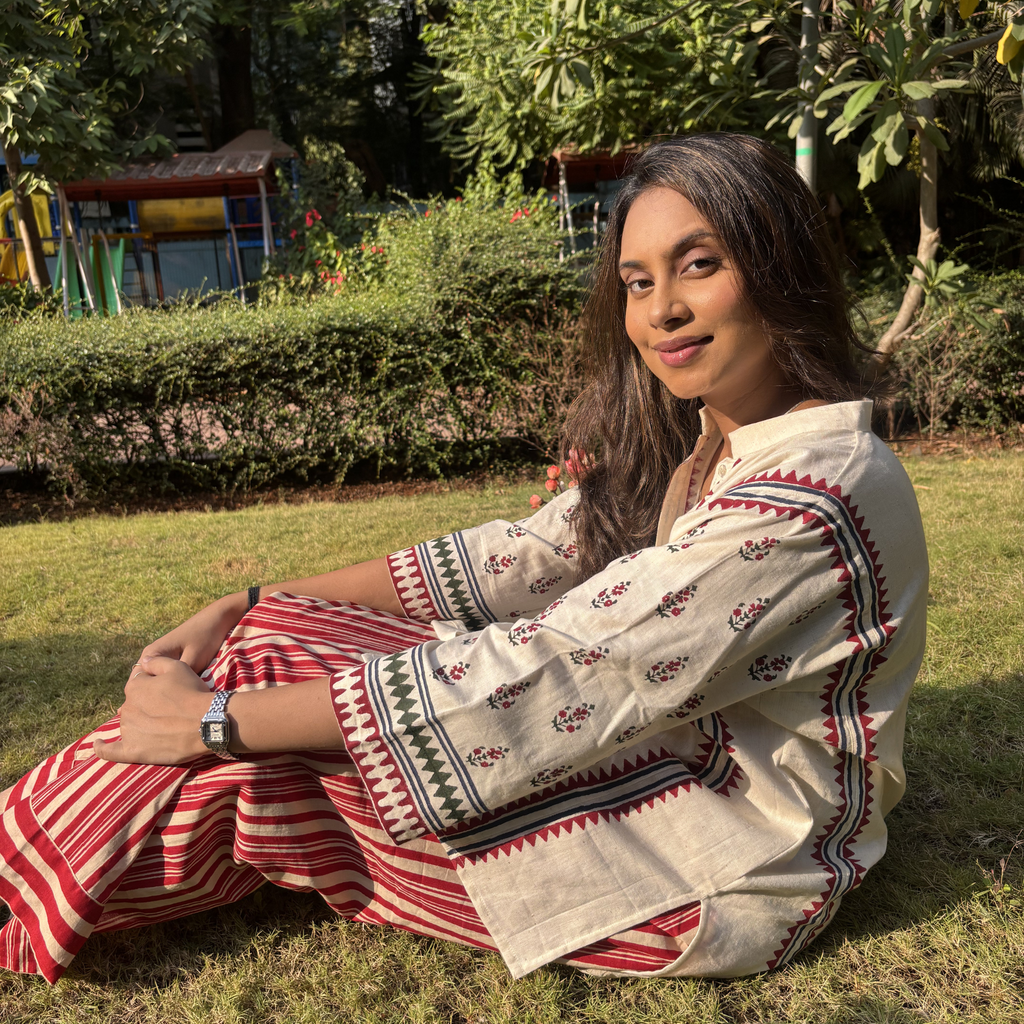 Natasha Mehta Floral Kurta Set in Cream with Red Block Print Prints, ideal for casual outings or Dubai wear