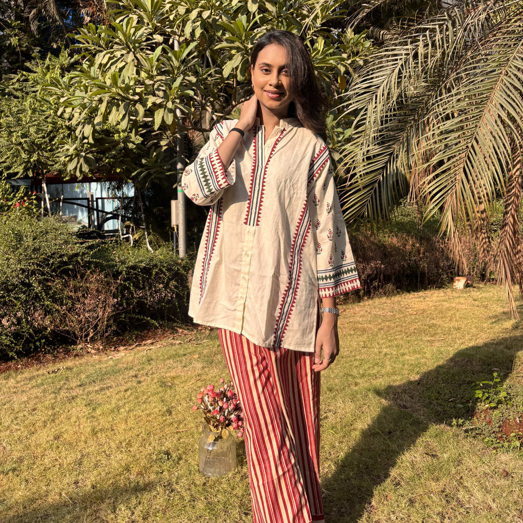 Floral kurta set in beige with block print prints. Ideal for casual outings or Dubai's warm climate.