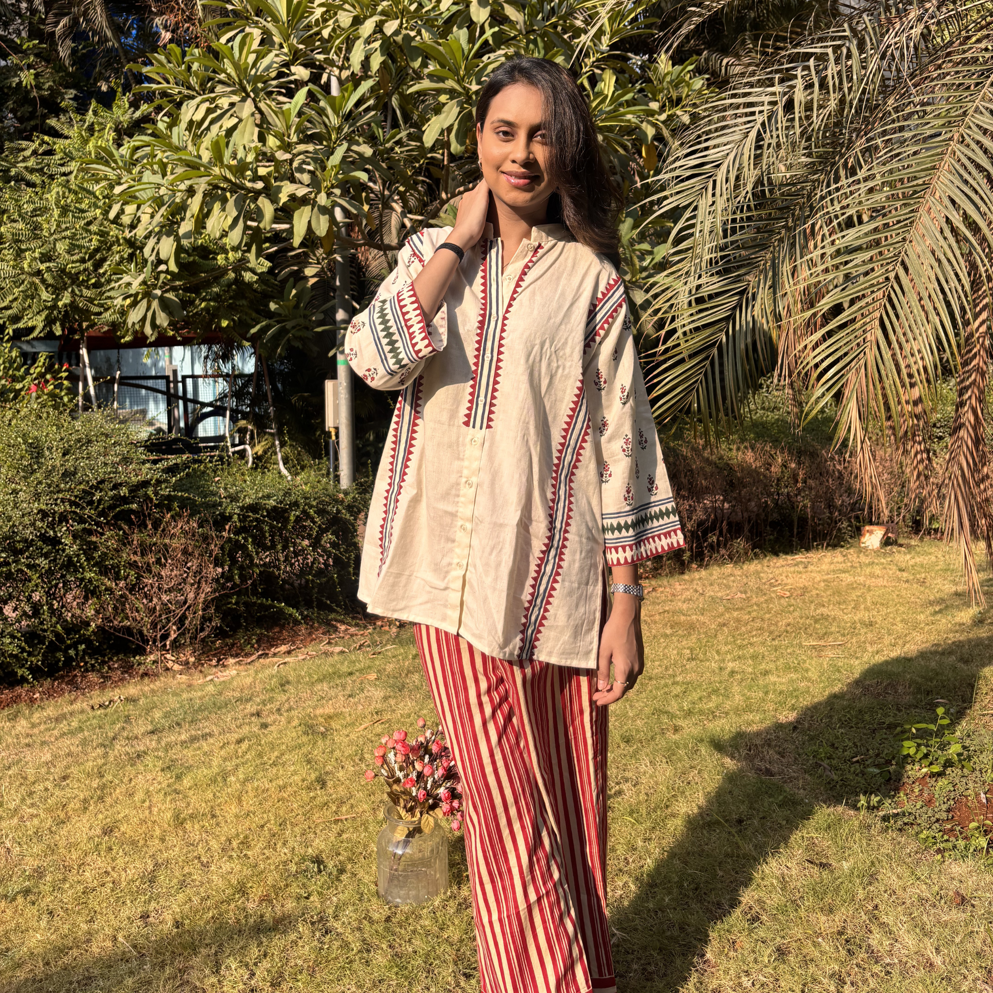 Floral kurta set in beige with block print prints. Ideal for casual outings or Dubai's warm climate.