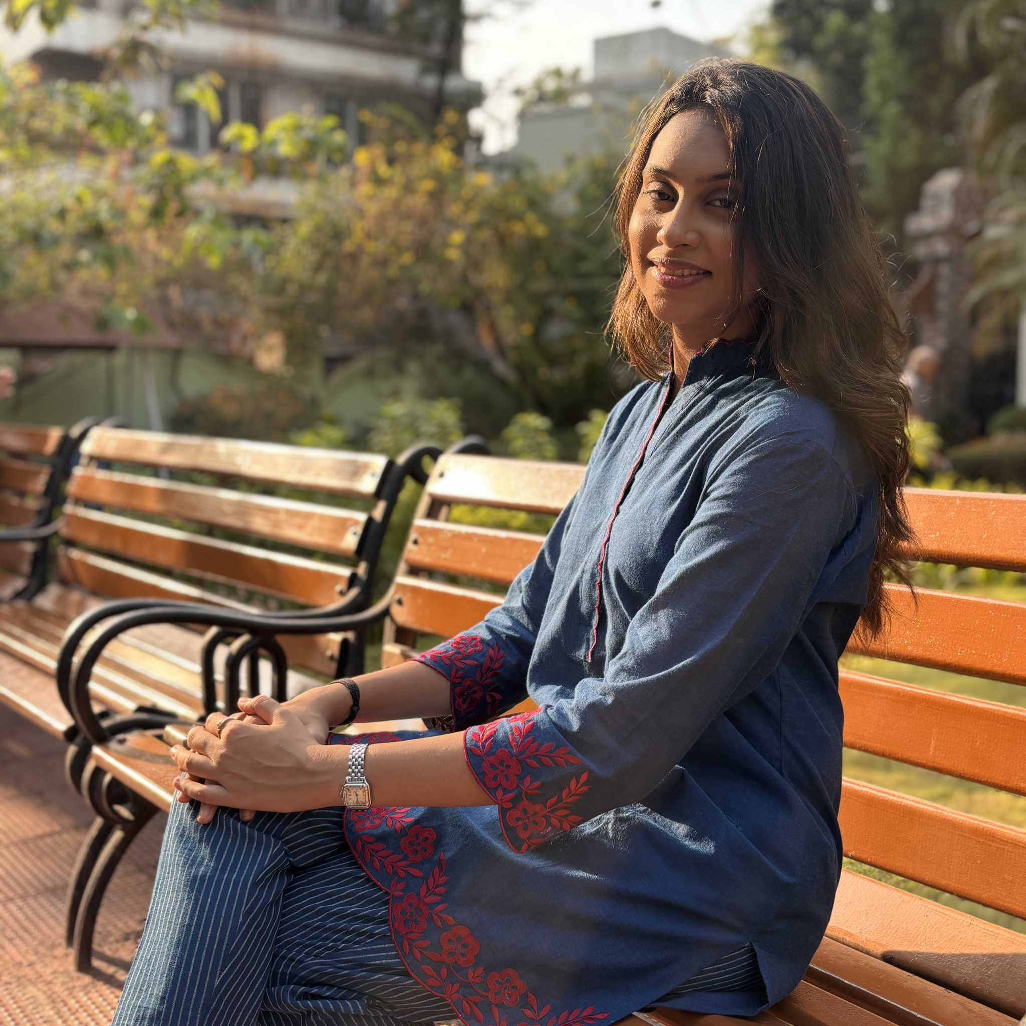 Floral kurta set in blue with red embroidery, perfect for casual outings or Dubai events, featuring soft fabric and a stylish design.