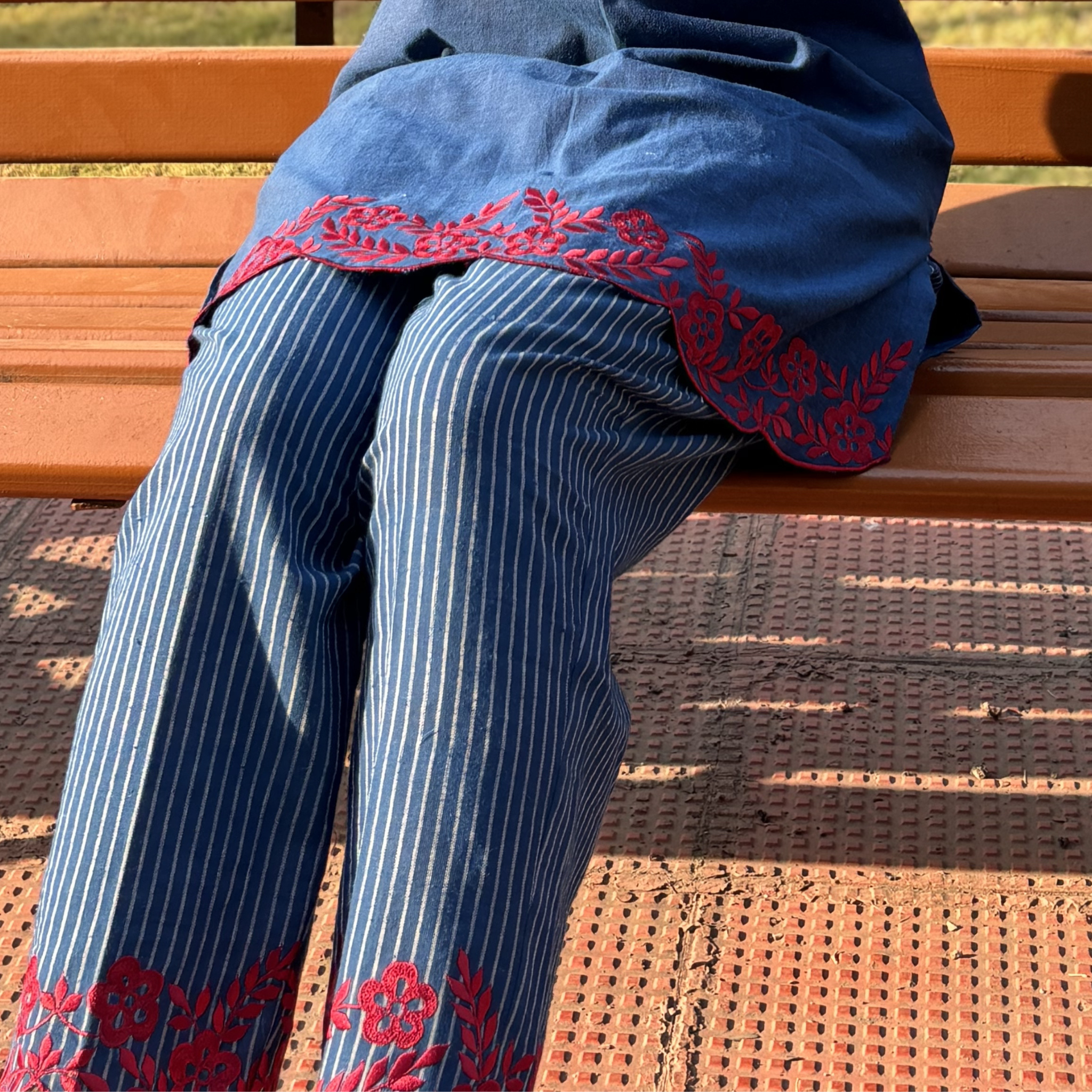 Natasha Mehta Floral Kurta Set in Blue with Stripes and Embroidery, Perfect for Casual Wear or Dubai Events