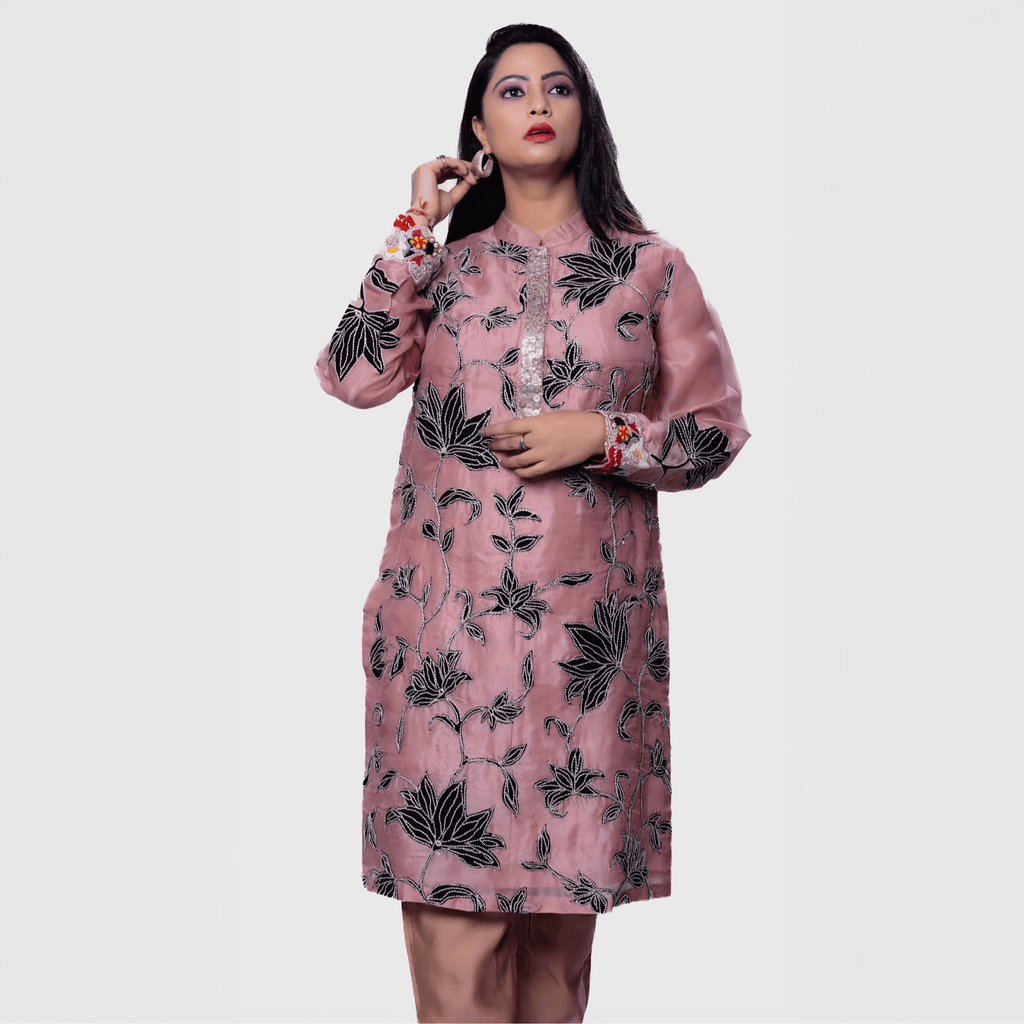 Blush floral embroidered kurta set with elegant floral embroidery and stylish sleeves for a chic look