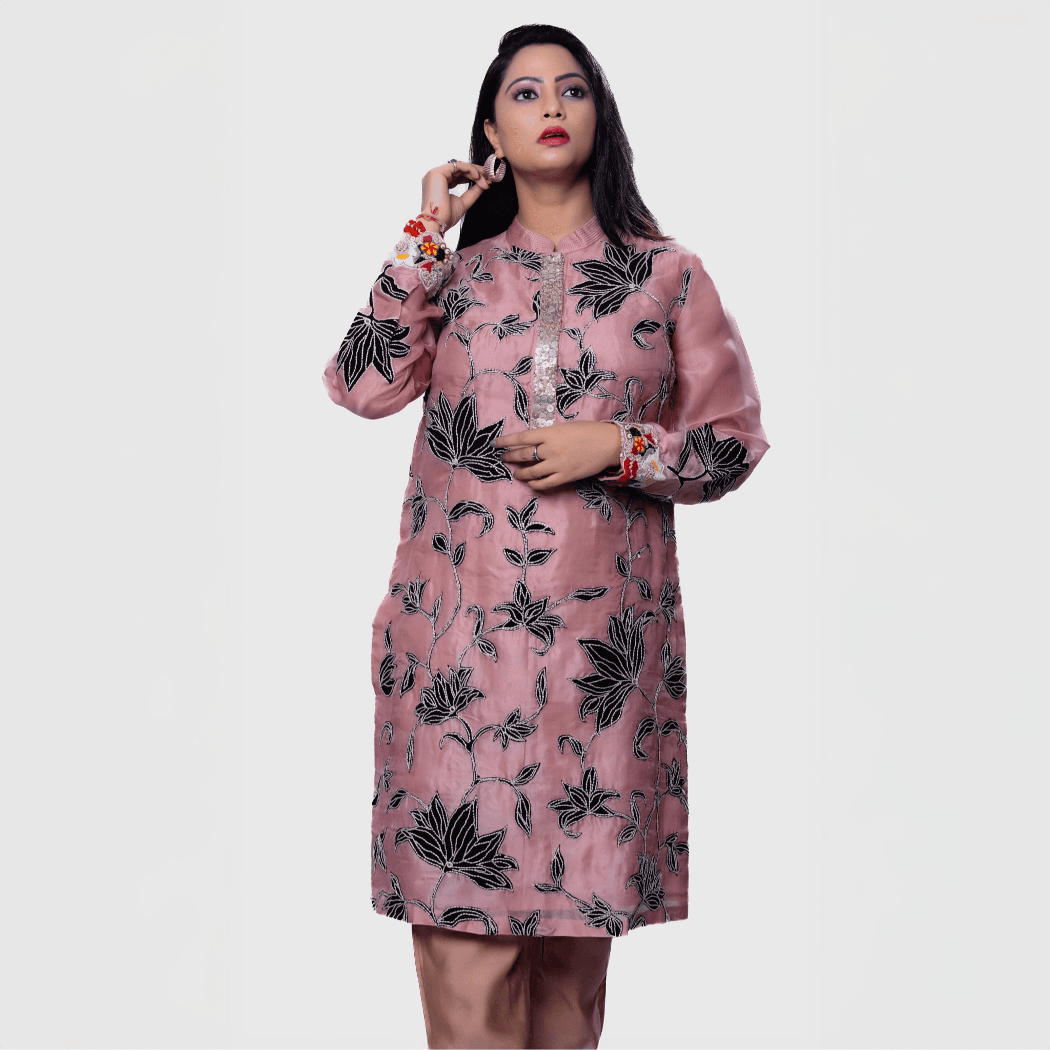 Blush floral embroidered kurta set with elegant floral embroidery and stylish sleeves for a chic look