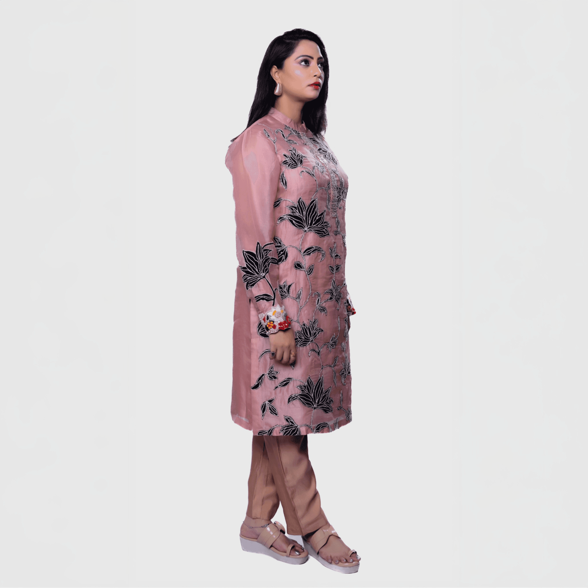 Blush floral embroidered kurta set featuring a stylish design and elegant silhouette for festive occasions