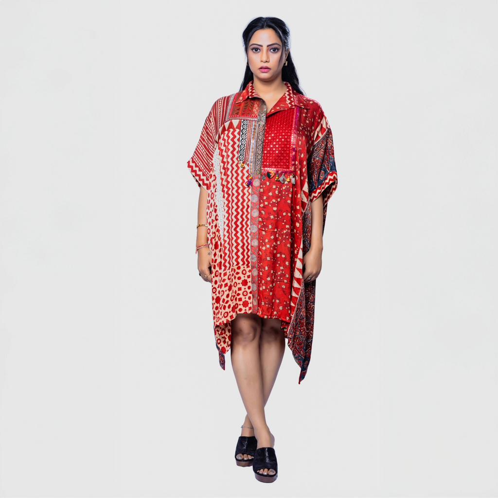 Woman wearing a colorful red patterned bohemian chic kaftan outfit with short sleeves from My Store