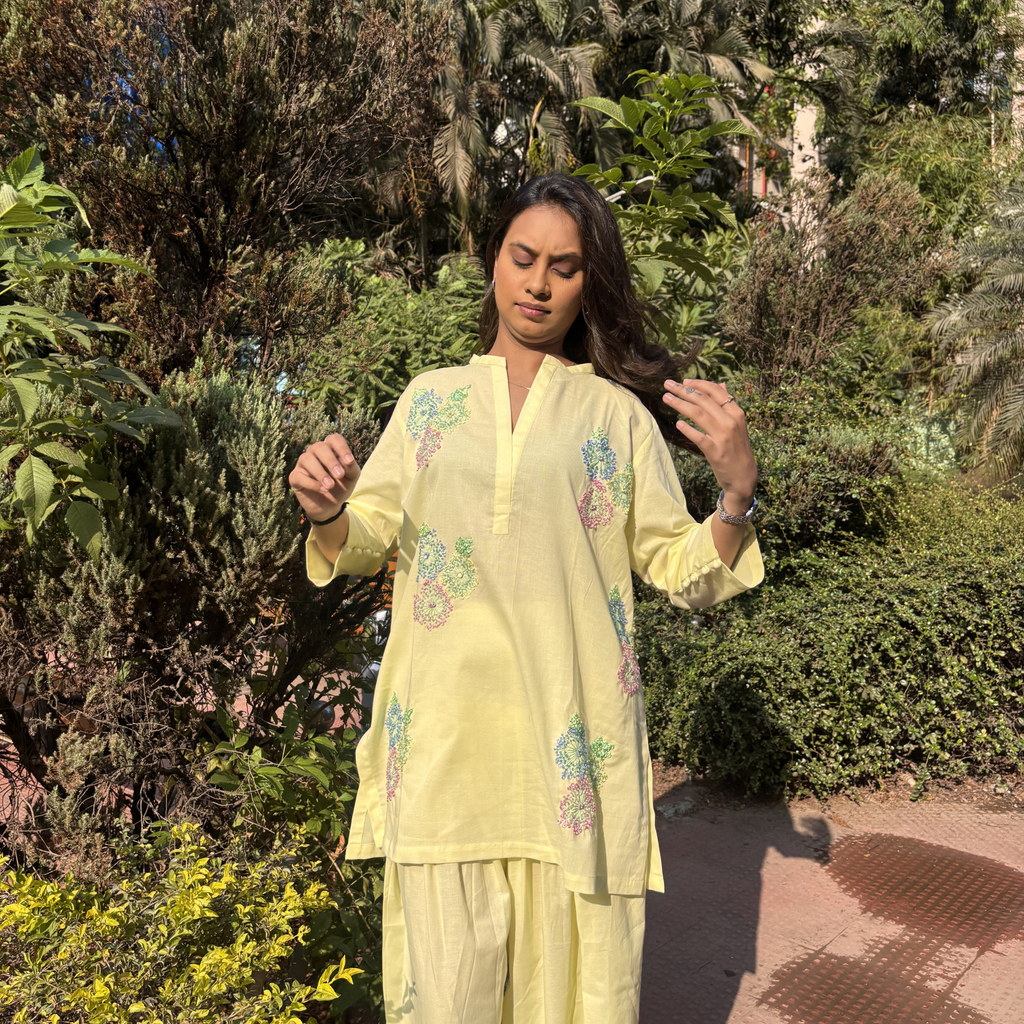 Butter yellow dresses with floral embroidery, perfect for casual outings or Dubai events