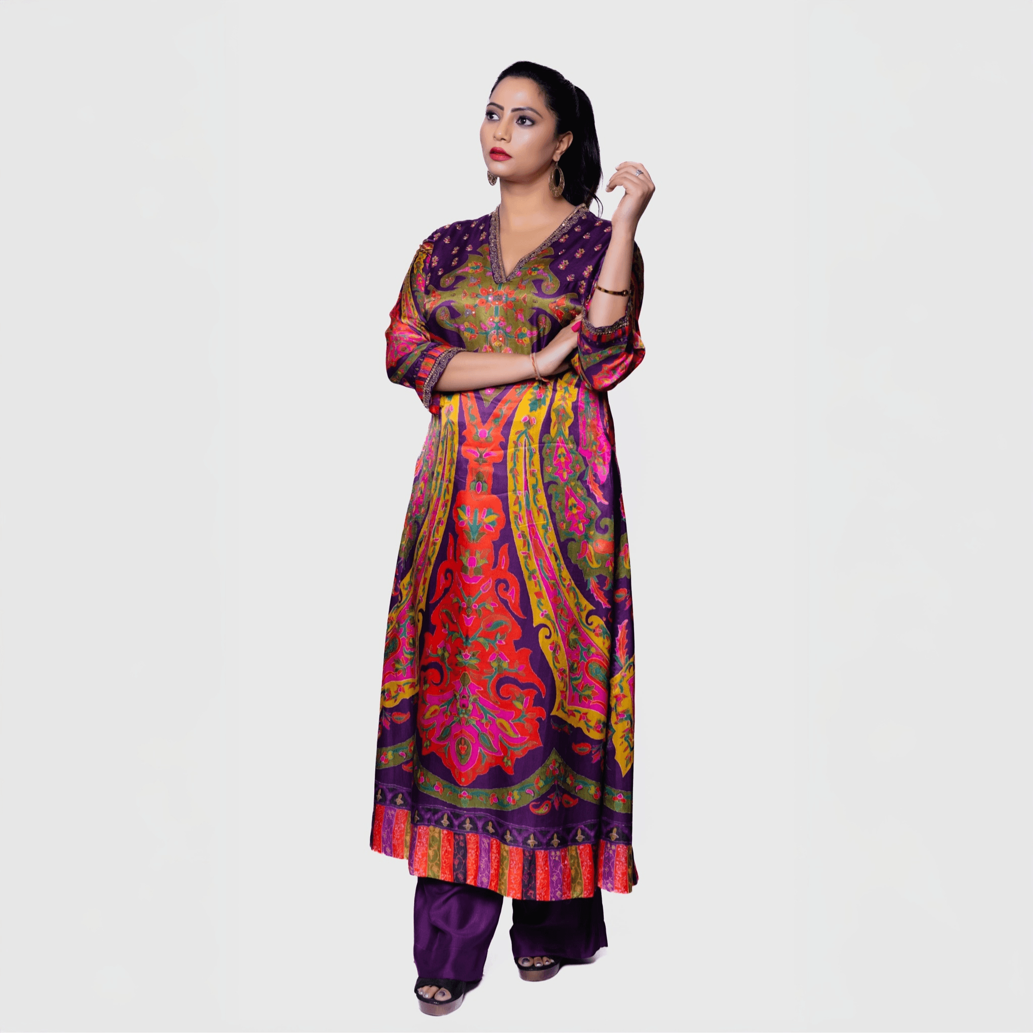 My Store colorful fusion kurta pant set in vibrant purple and multicolor silk with intricate patterns