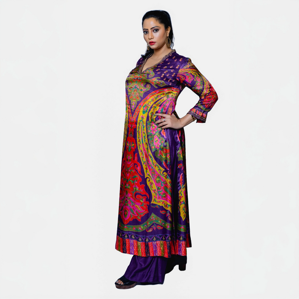 My Store colorful fusion kurta pant set in vibrant purple silk with intricate floral patterns