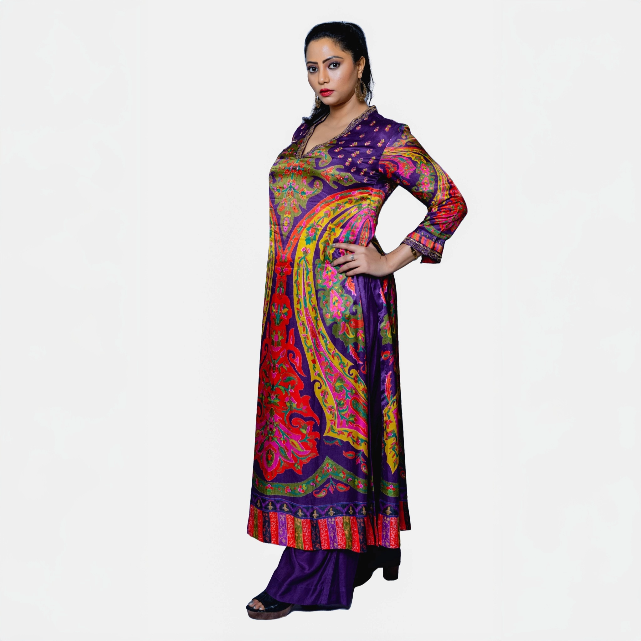 My Store colorful fusion kurta pant set in vibrant purple silk with intricate floral patterns