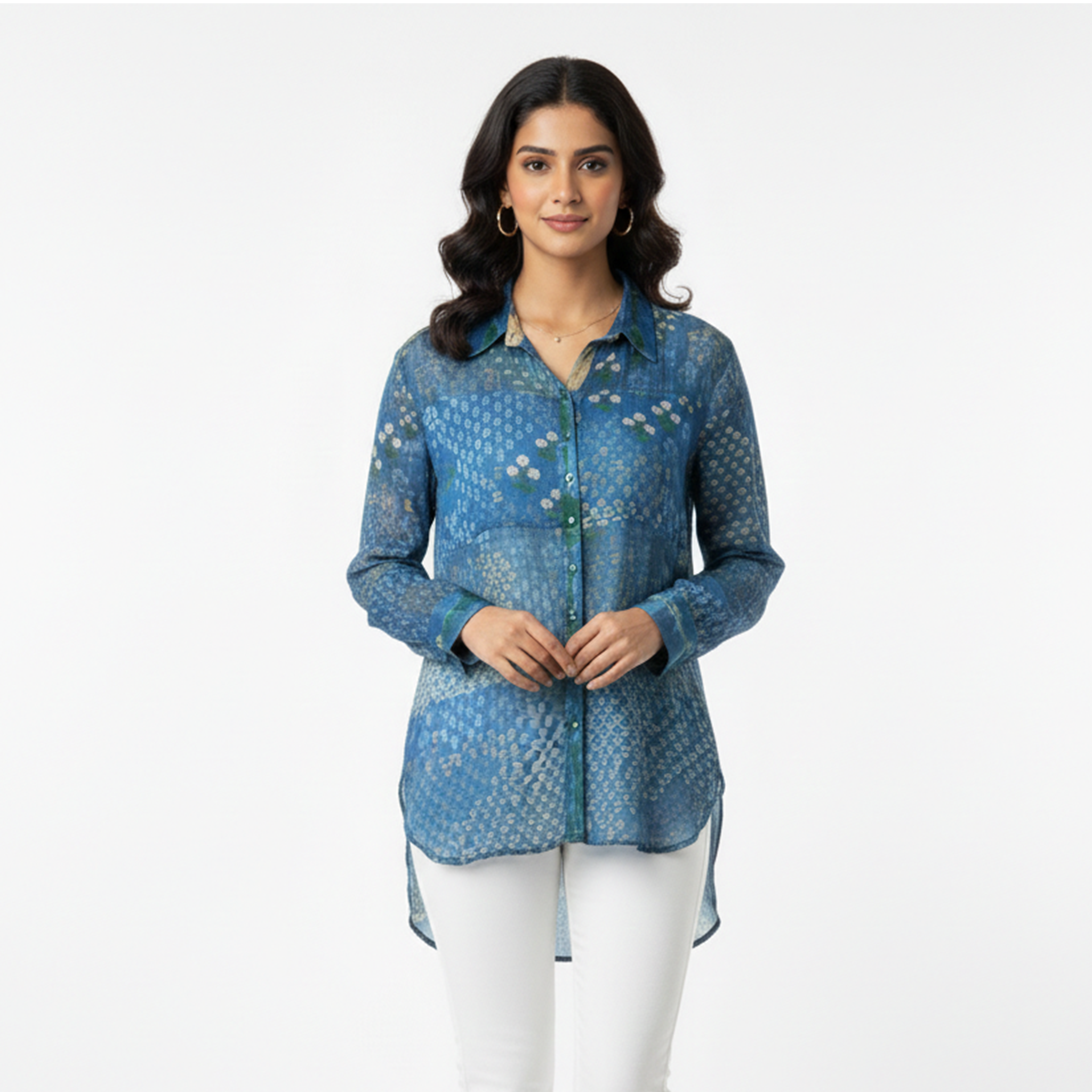 Natasha Mehta Blue Designer Long Shirt for Women in Sheer Fabric with Button Details