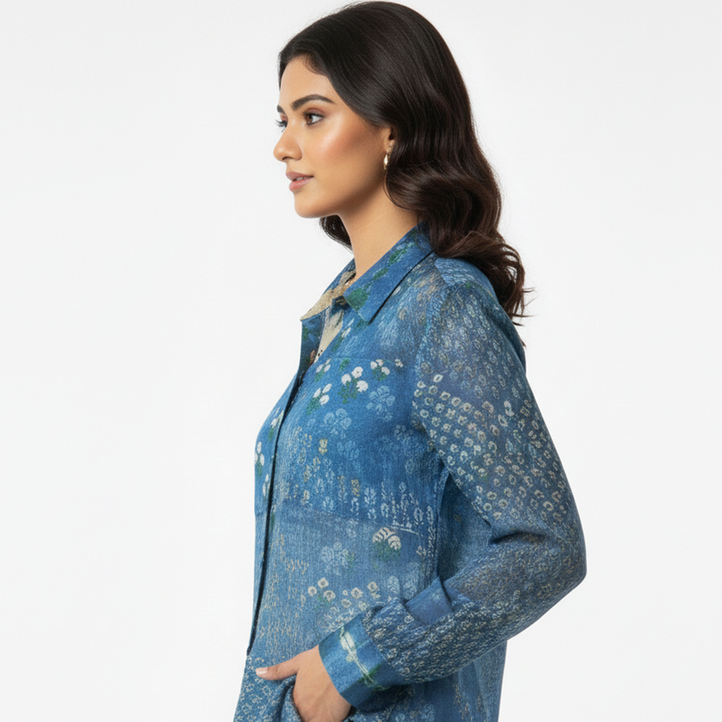 Natasha Mehta designer long shirt for women in blue floral print with elegant fabric and pockets