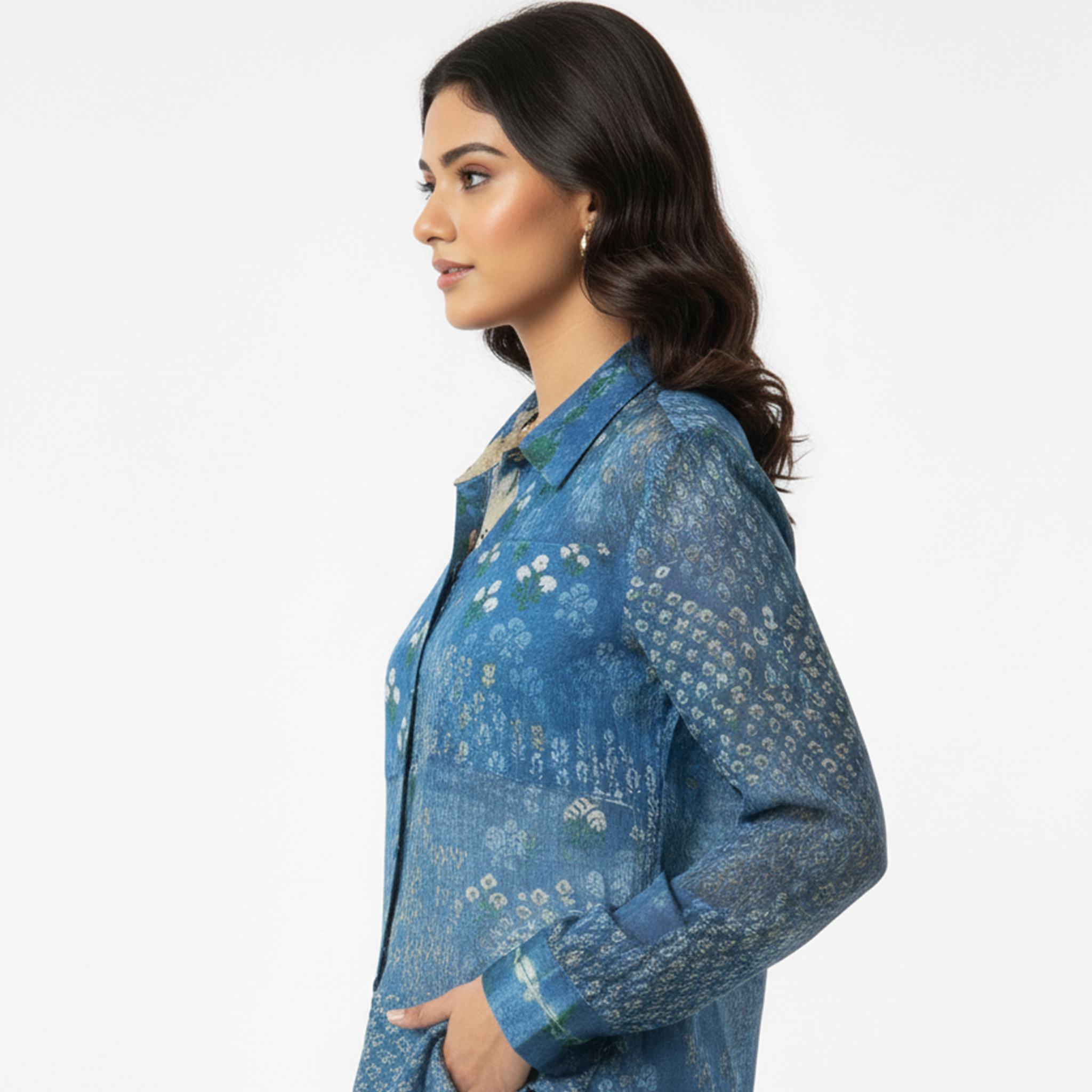 Natasha Mehta designer long shirt for women in blue floral print with elegant fabric and pockets