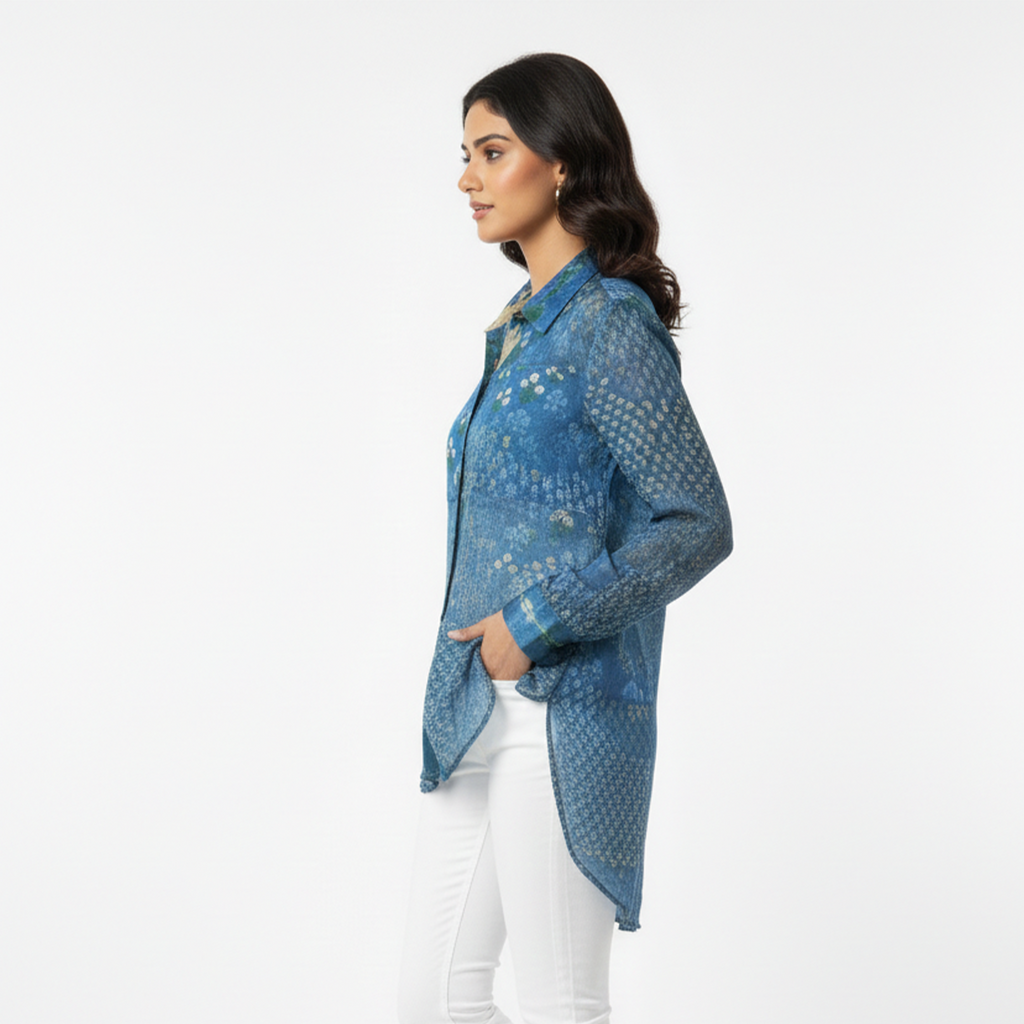 Natasha Mehta Designer Long Shirt for Women in Blue Cotton with Stylish Print Detail
