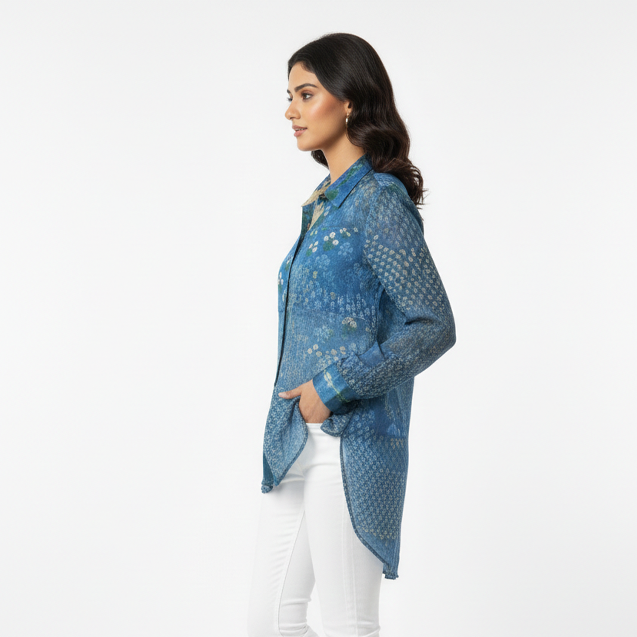 Natasha Mehta Designer Long Shirt for Women in Blue Cotton with Stylish Print Detail