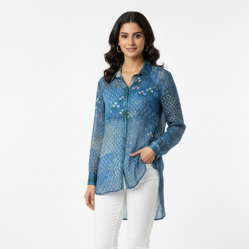 Natasha Mehta designer long shirt for women in blue sheer fabric with a unique print and button-up design