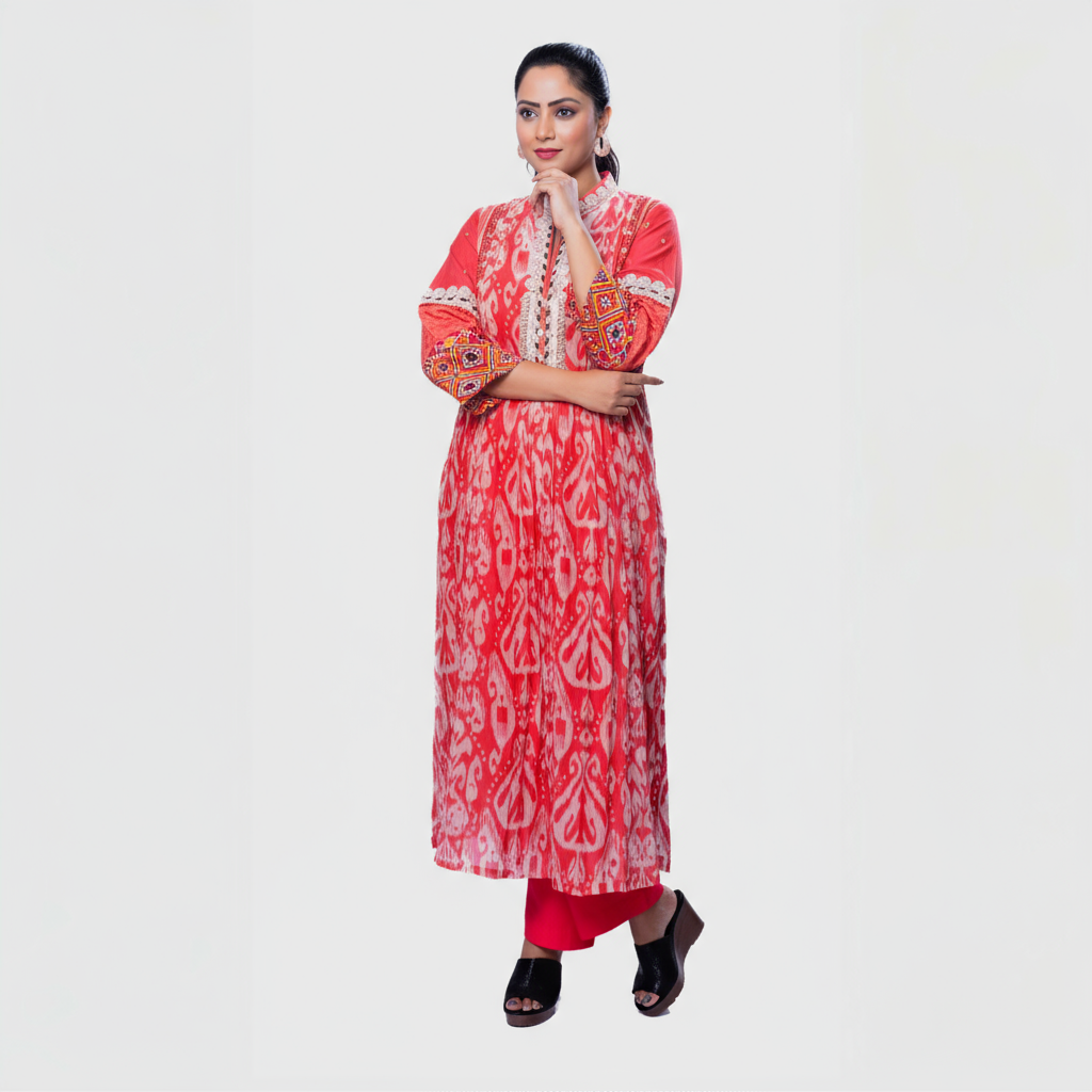 Embroidered kurta set for women in coral pink featuring intricate patterns and three-quarter sleeves, perfect for festive occasions