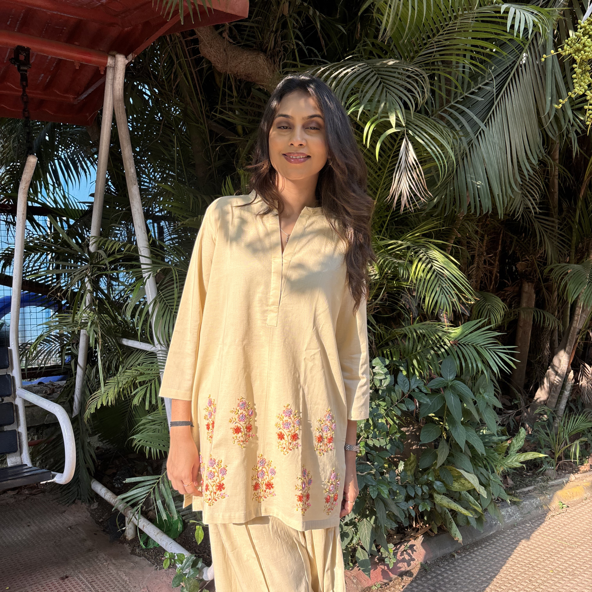 Beige embroidered pajamas set with floral designs, perfect for casual wear or relaxing in Dubai