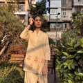 Embroidered pajamas set by Natasha Mehta in soft yellow with floral patterns, ideal for casual outings or home wear