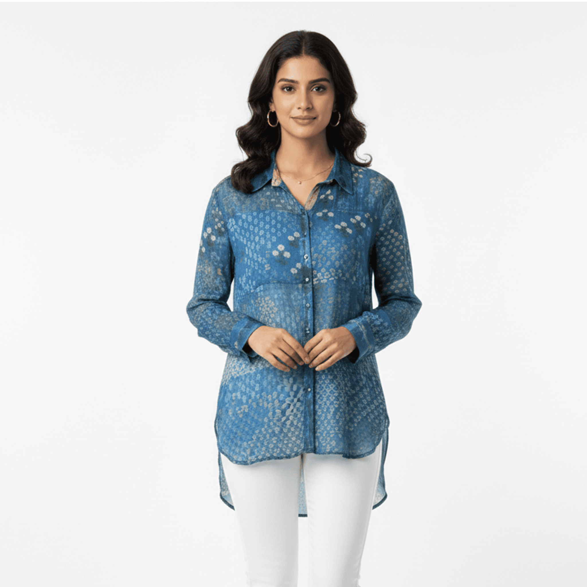 Fusion fashion long shirt women in blue with geometric pattern, perfect for casual outings or Dubai events.