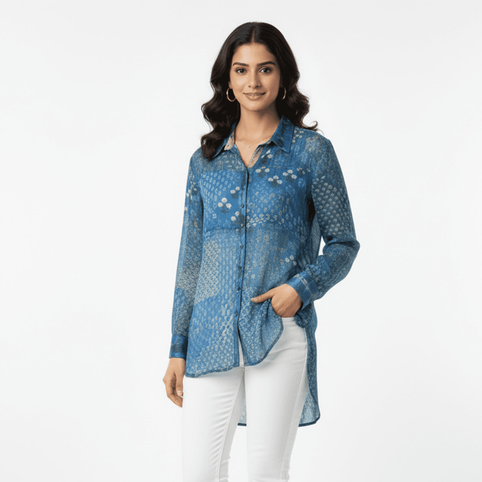 Fusion fashion long shirt women in blue with abstract print, perfect for casual outings or Dubai style