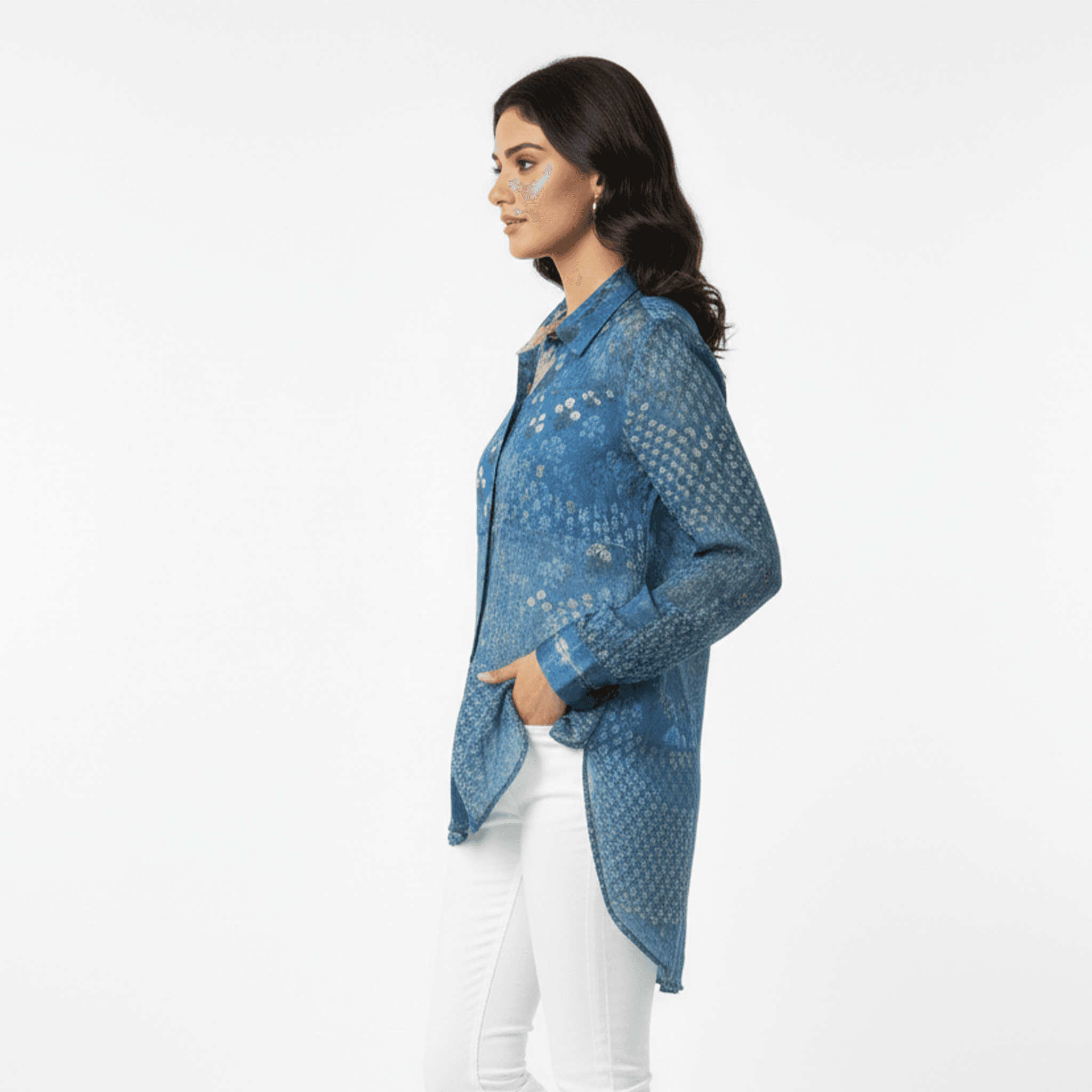 Light blue fusion fashion long shirt women with abstract pattern, perfect for casual outings in Dubai