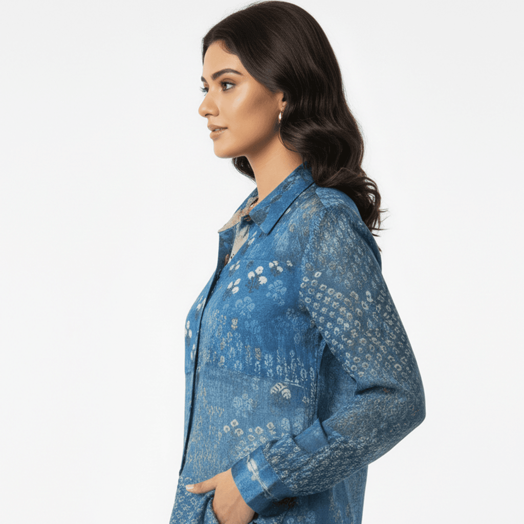 Stylish fusion fashion long shirt women in blue with floral pattern, perfect for casual outings or Dubai wear.