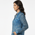 Stylish fusion fashion long shirt women in blue with floral pattern, perfect for casual outings or Dubai wear.