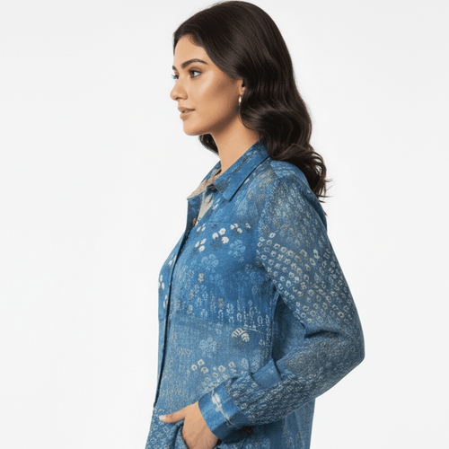 Stylish fusion fashion long shirt women in blue with floral pattern, perfect for casual outings or Dubai wear.