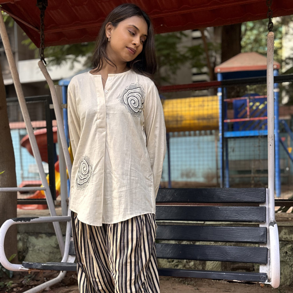 Natasha Mehta Cream Cotton Tunic with Swirl Embroidery, Perfect for Casual Outings or Dubai Trips