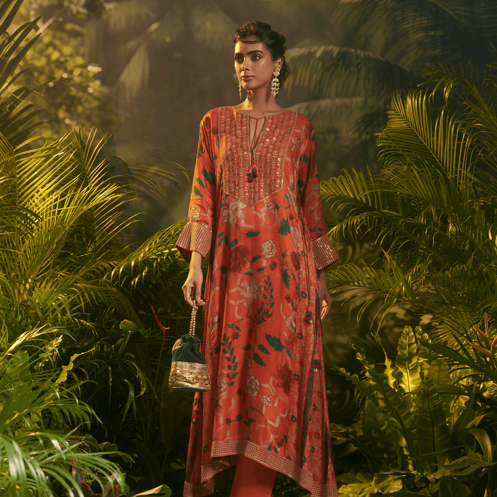 Natasha Mehta Pink Luxury Silk Kurta with Floral Print for Special Occasions