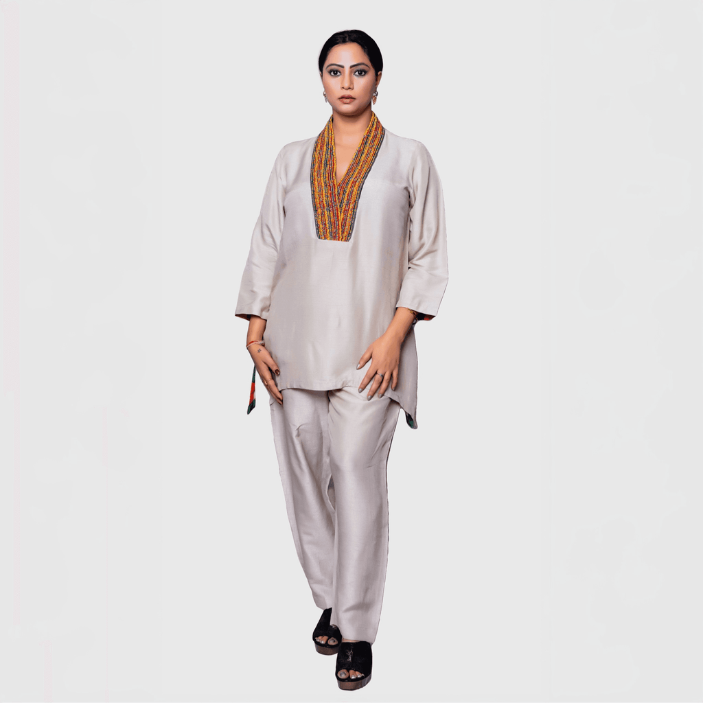 My Store pearl white kurta set for women in soft fabric with intricate neckline detailing