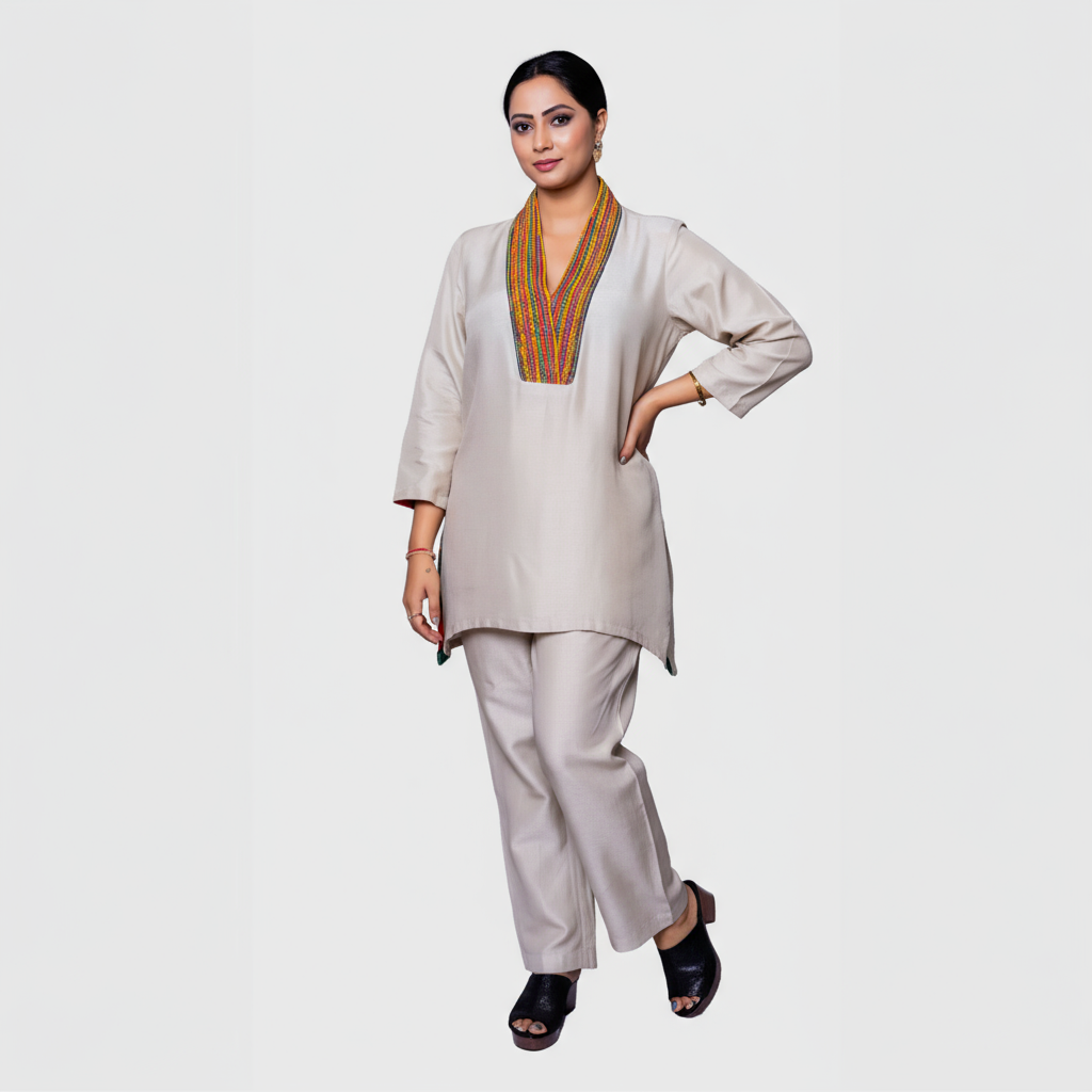 My Store pearl white kurta set for women in soft fabric with colorful embroidered neckline detail